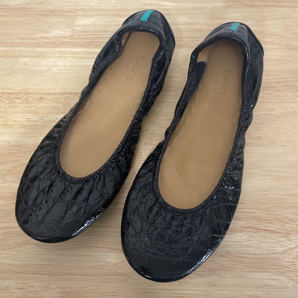 Tieks Gavrieli Sz 9 Obsidian Black Croc Patent Leather Ballet Flats Foldable EUC